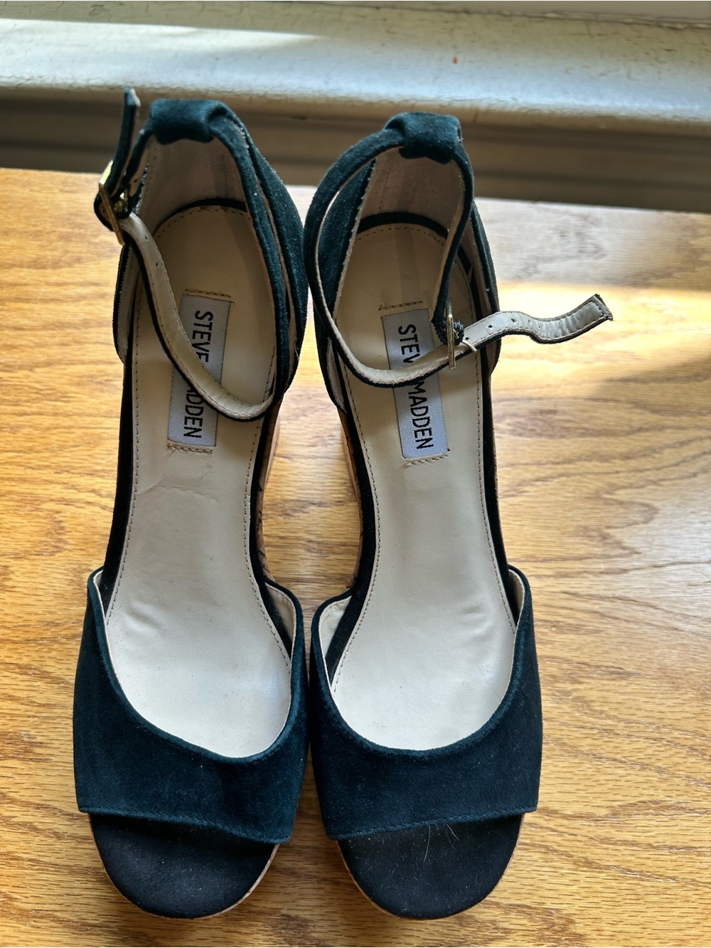 Steve Madden Black Suede Open-Toe Ankle-Strap Heels - Cork -